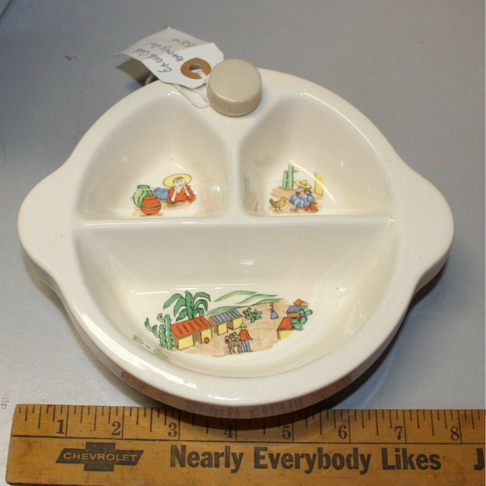 Vintage Baby Child Excello 1950s Divided Warming Ceramic Dish w Mexican Theme